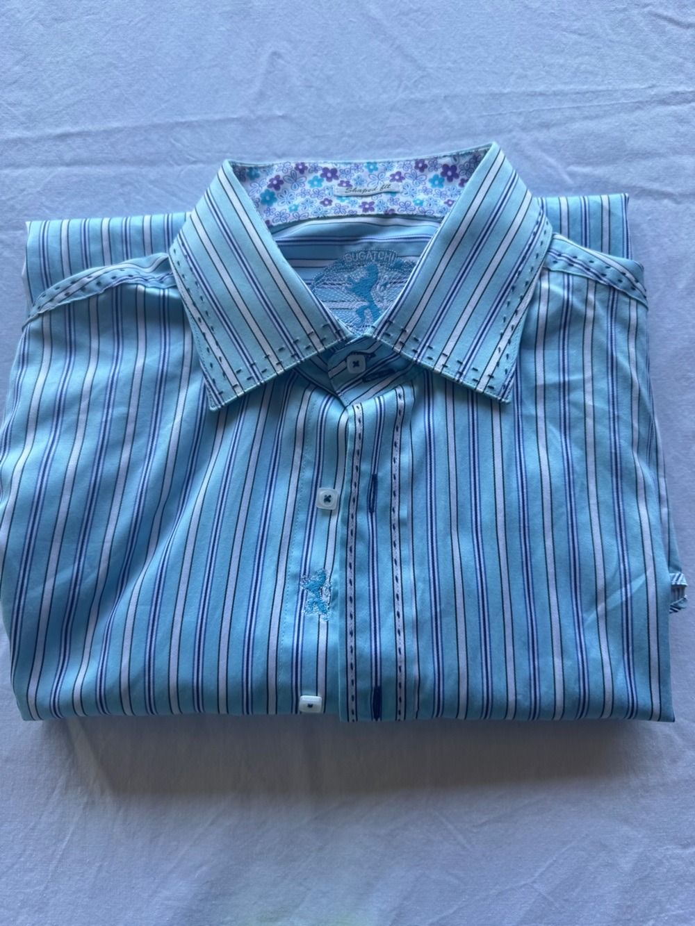 Bugatchi Uomo Shaped Fit Blue Striped Flip Cuff Shirt Sz L